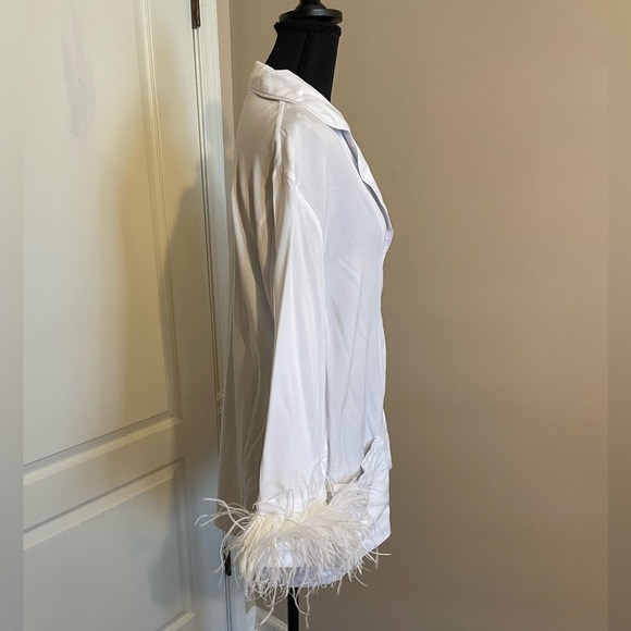 Sleeper Luxury Pajama Top Women’s Size S White Ostrich Feather-Trim Sleepwear - Picture 5 of 10